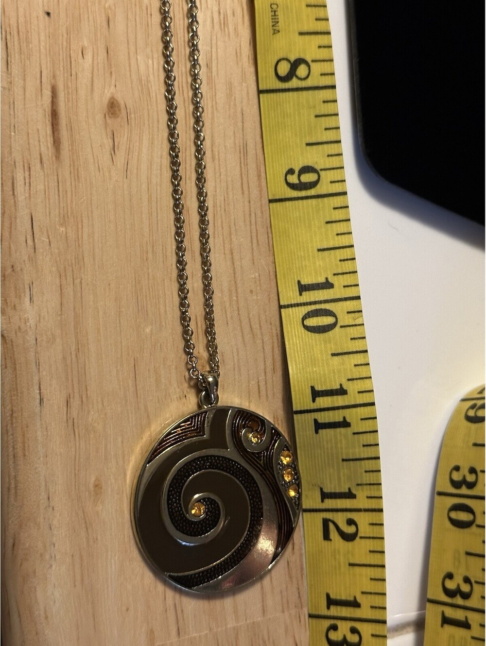 Enameled Medallion Necklace Swirls Yellow Gems